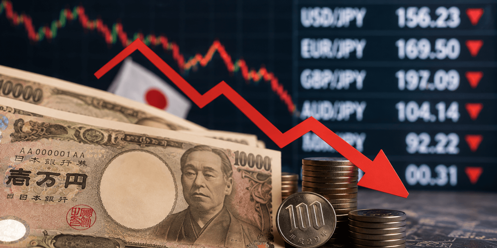 Stacks of Japanese yen banknotes and coins beside a Japanese flag and a downward currency trend chart, illustrating the weak yen